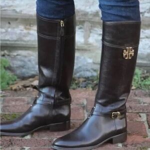 Tory Burch Black tall leather riding gold Boots $650 inch elegant